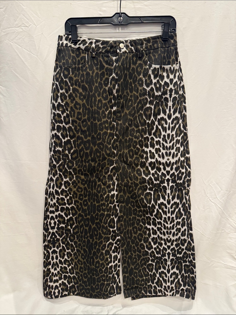 Commense Leopard Print Denim Split Maxi Skirt M 6/8 - Black and Brown